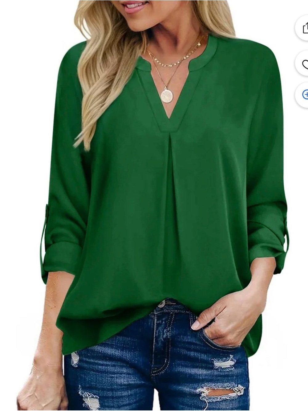 New Women’s V-Neck Roll-Sleeve Tunic Top in Green